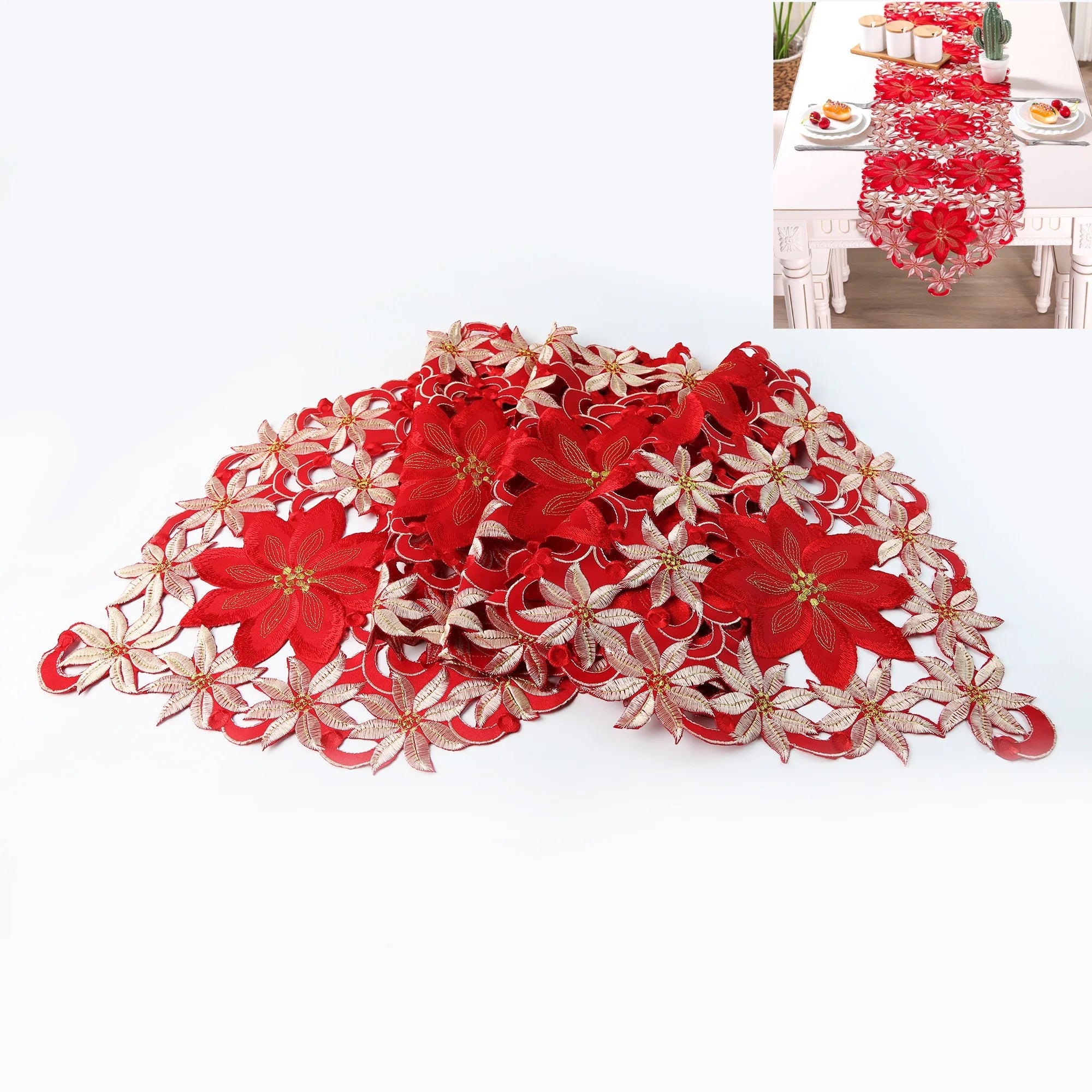 Christmas Floral Tablecloth — Festive Embroidered Table Runner Decor