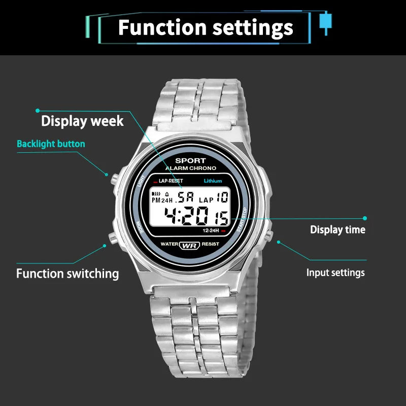 YIKAZE Women's LED Digital Watch — Retro Stainless Steel Luxury Wristwatch