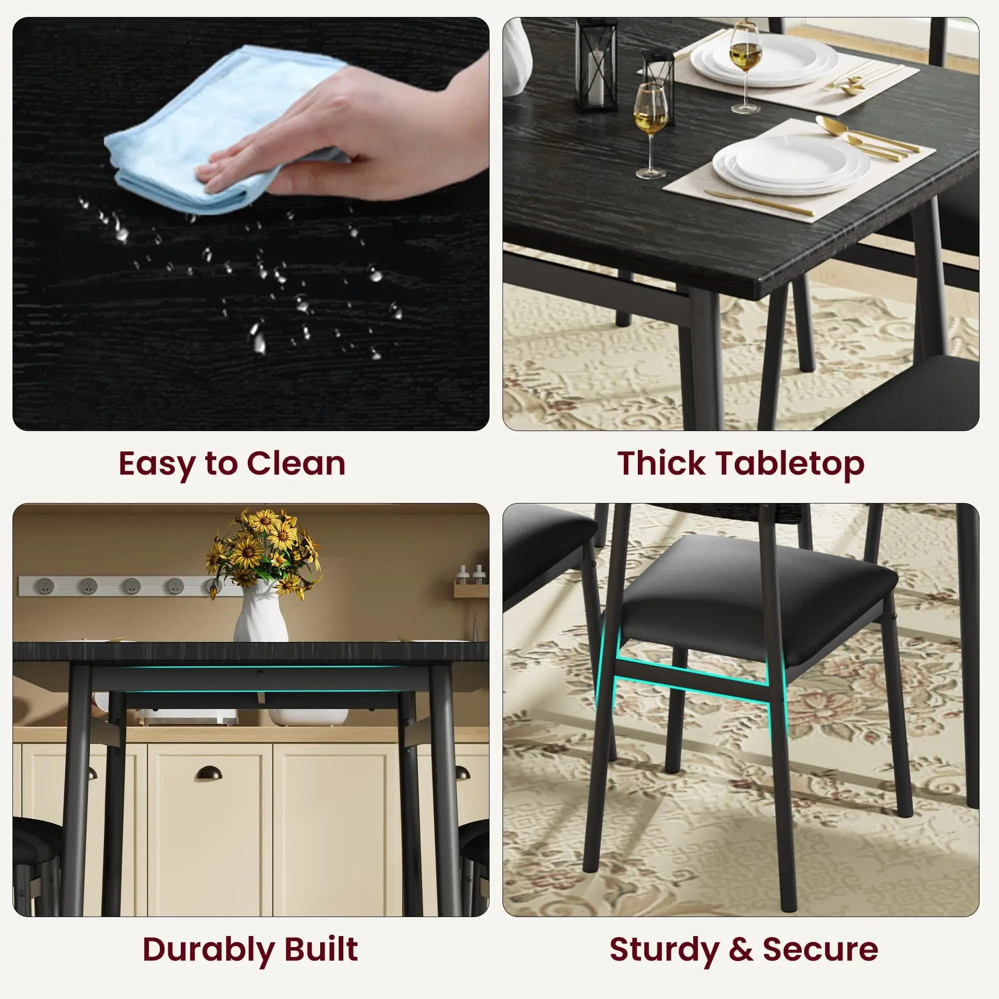 OUTWIND Modern Farmhouse Dining Set — 4-Piece Industrial Wood & Metal Furniture