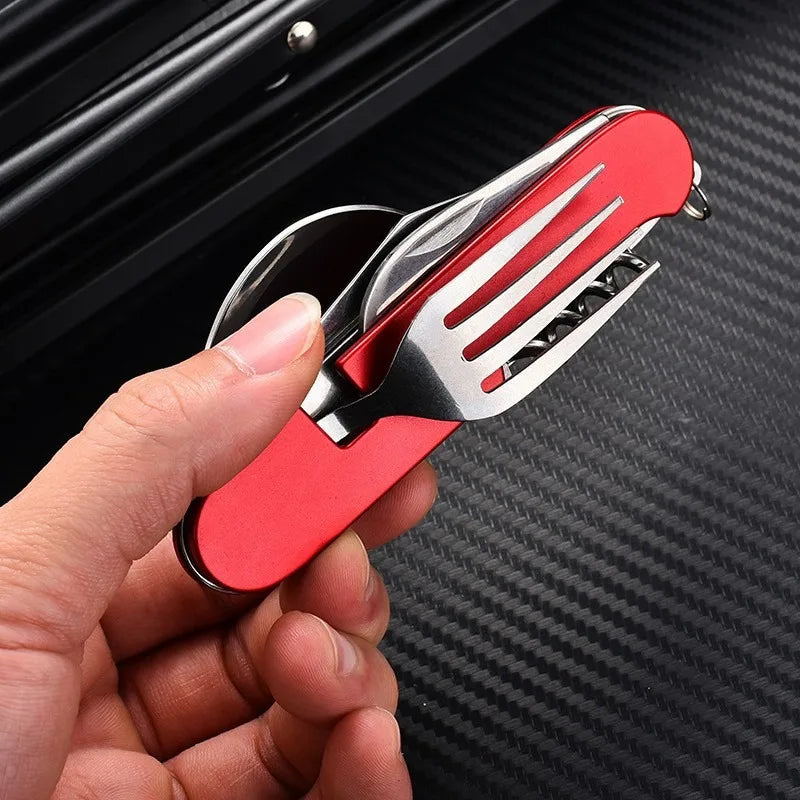 6-in-1 Stainless Steel Camping Cutlery Set — Portable Folding Outdoor Kit