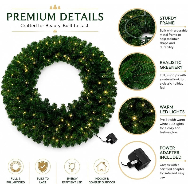 Artificial Pine Christmas Wreath — Prelit LED Greenery for Holiday Decor
