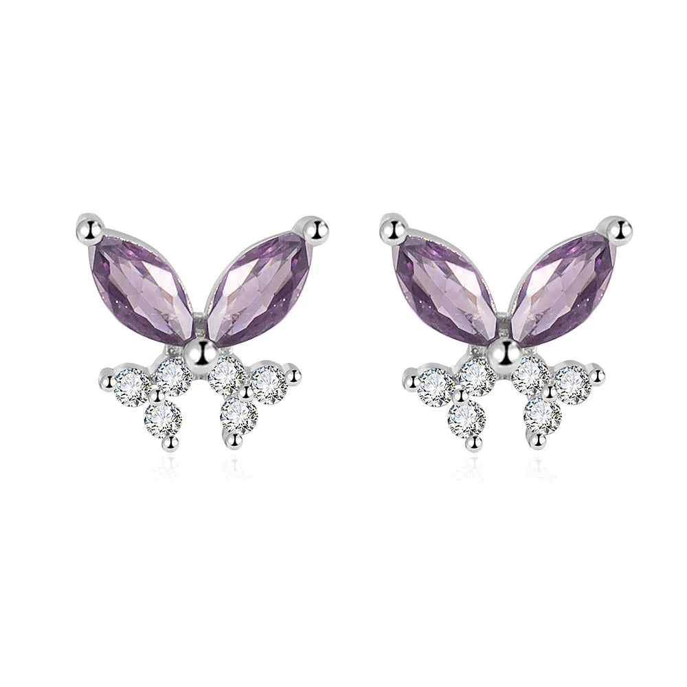 Sterling Silver Butterfly Stud Earrings — Purple Zircon Insect Jewelry