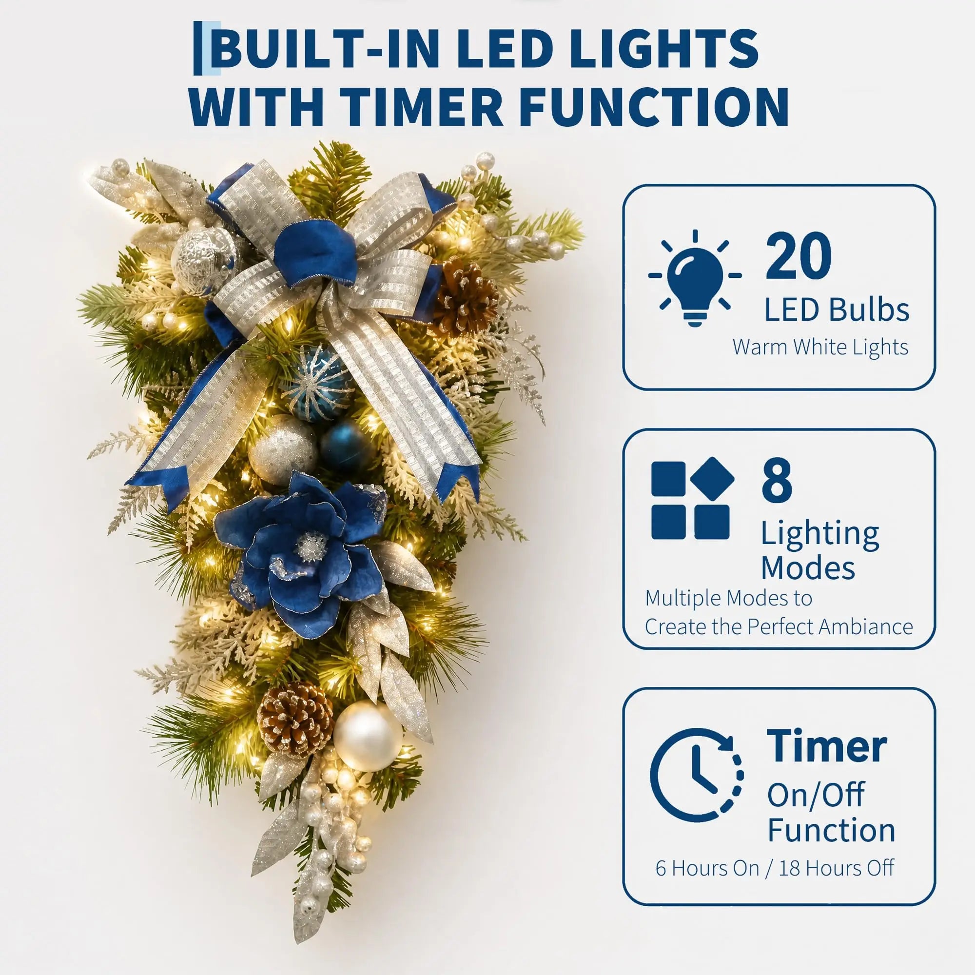 HiMISS Blue and Silver Christmas Teardrop Swag — Pre-Lit LED Door Decor
