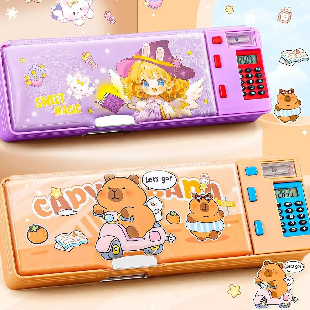 Multifunctional Plastic Pencil Case — Built-in Calculator and Sharpener