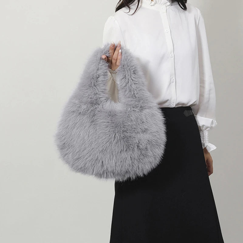 Faux Fur Hobo Shoulder Bag — Soft Plush Handbag for Women