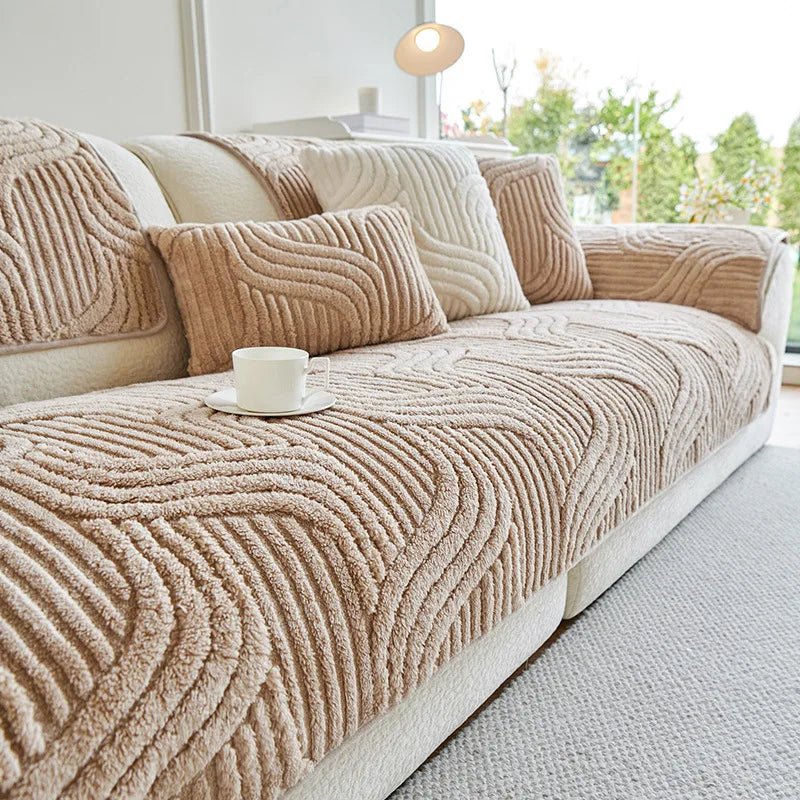 Plush Striped Sofa Cover — Non-Slip Thickened Furniture Protector