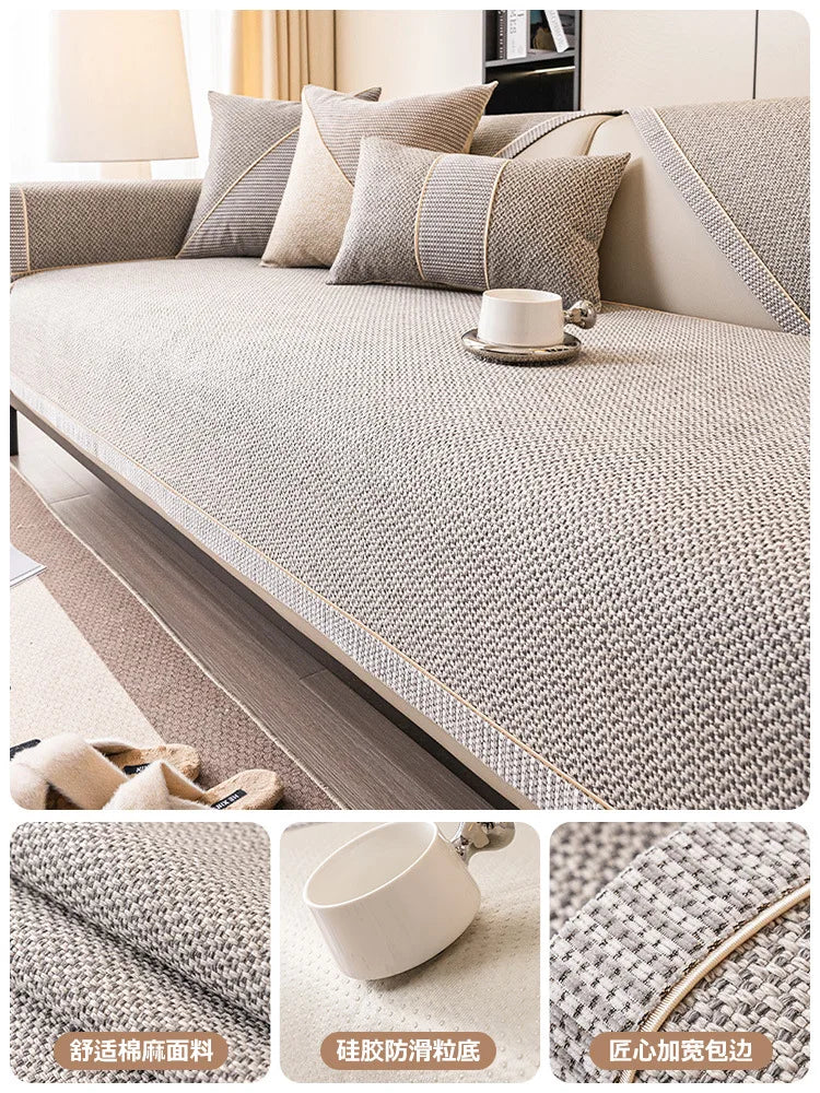 Woven Cotton and Linen Sofa Cover — Non-Slip All-Season Cushion Protector