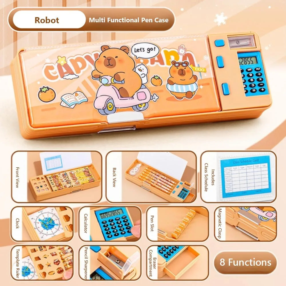 Multifunctional Plastic Pencil Case — Built-in Calculator and Sharpener