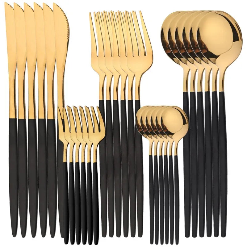 30-Piece Stainless Steel Cutlery Set — Elegant Black and Gold Flatware