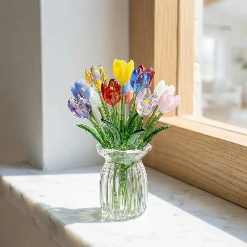 Handcrafted Glass Flower Sculpture — Lifelike Floral Bouquet Decor