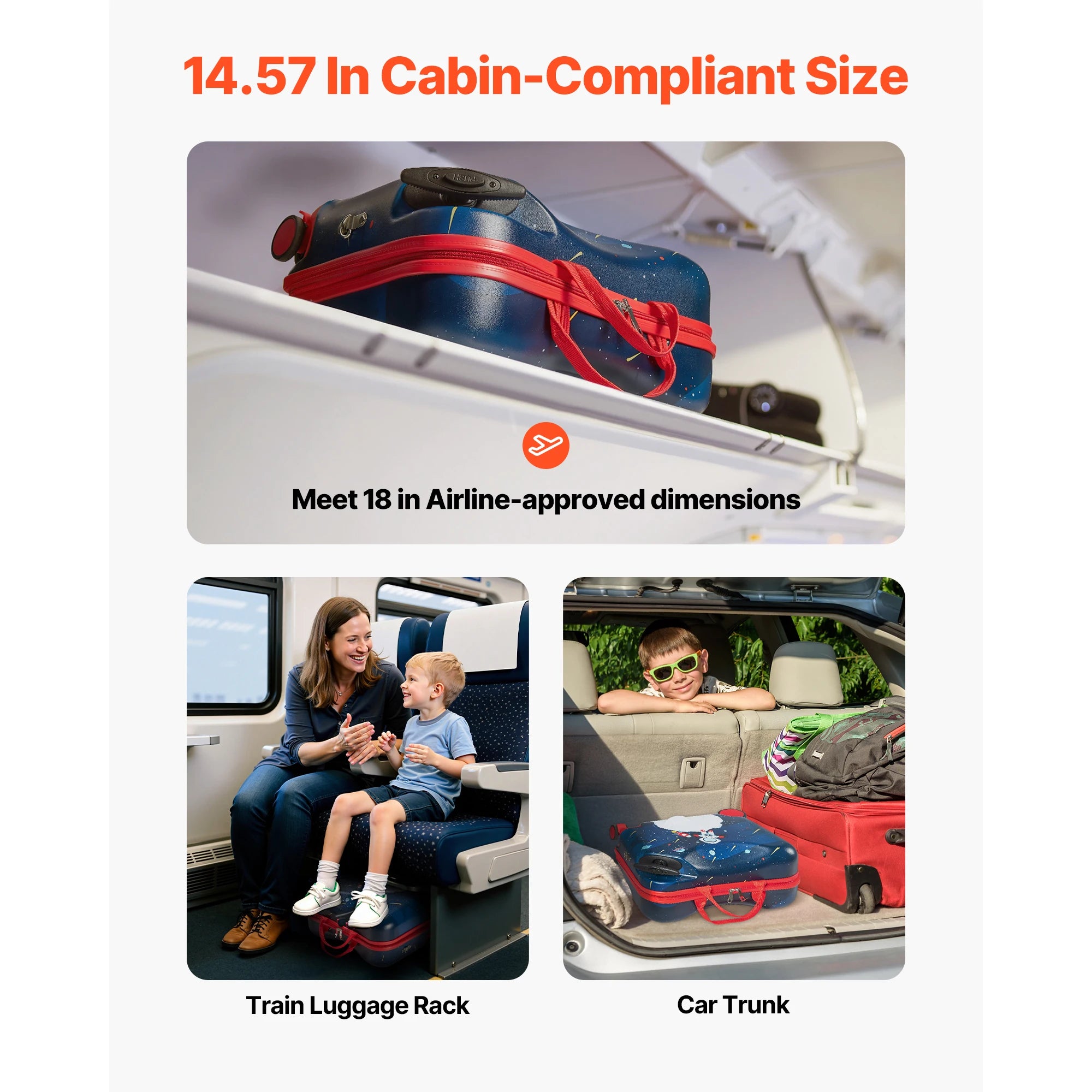 SucceBuy Ride-On Kids Luggage — 26L Carry-On Suitcase with Wheels