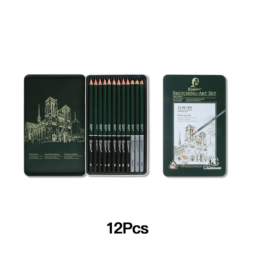 Charcoal Sketching Pencil Set — Professional Art Kit in Portable Green Tin