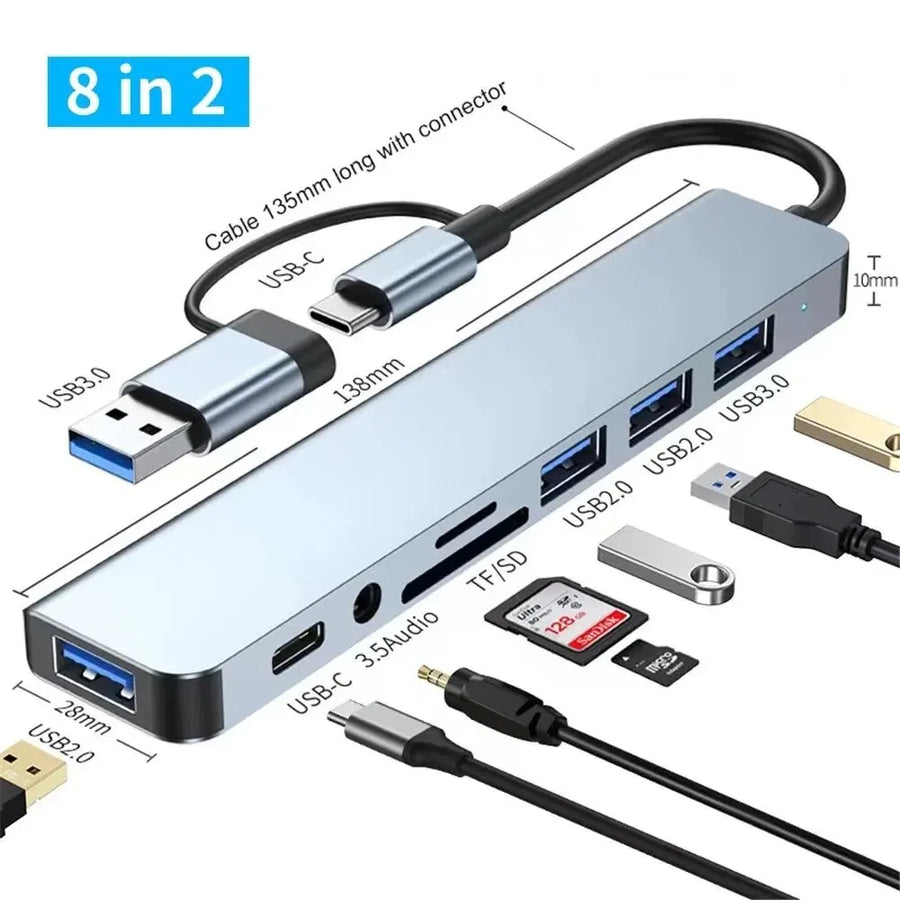 8-in-2 Multi-Function USB Hub — High-Speed Docking Station with SD/TF Reader