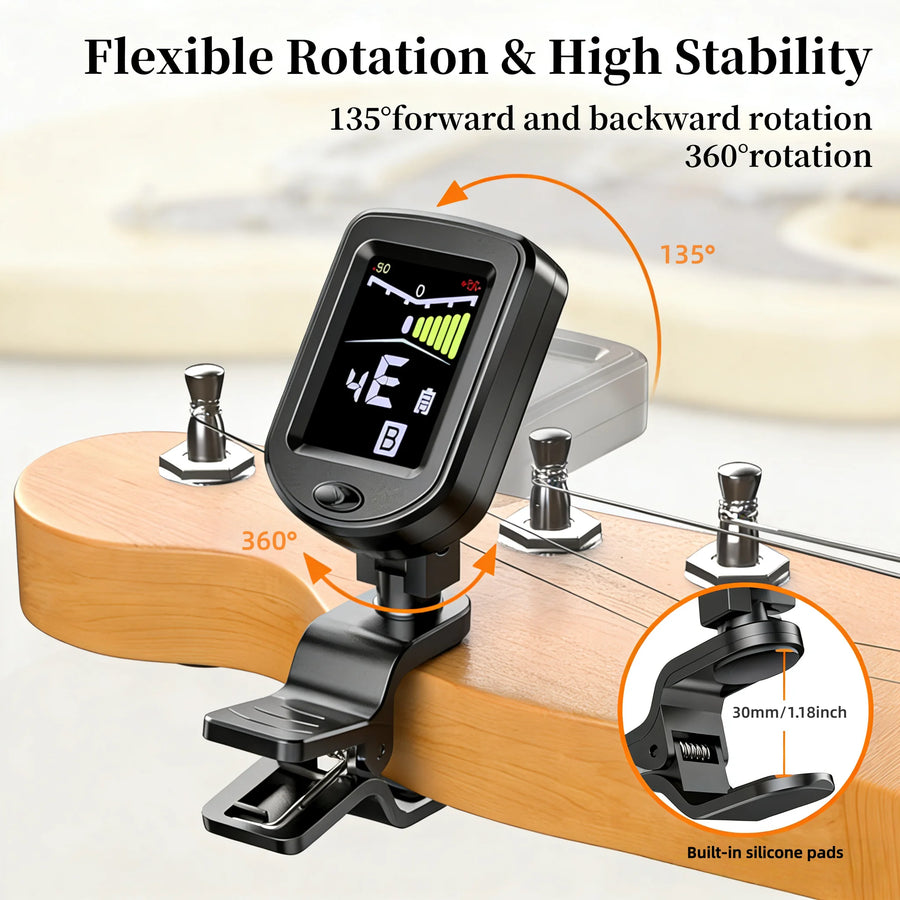 QiJiStar Clip-On Guitar Tuner — 360-Degree Rotatable Color Display