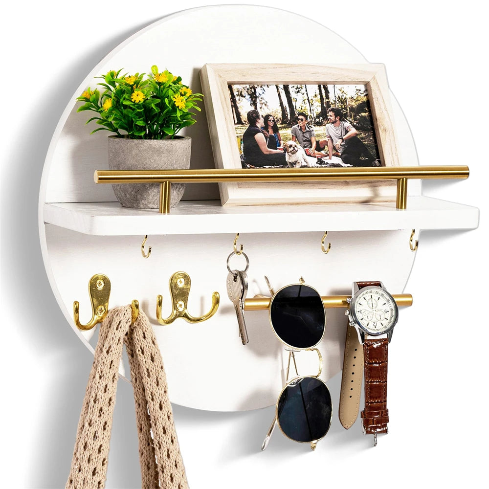 Wooden Wall-Mounted Key Holder — Mail Organizer with Decorative Shelf