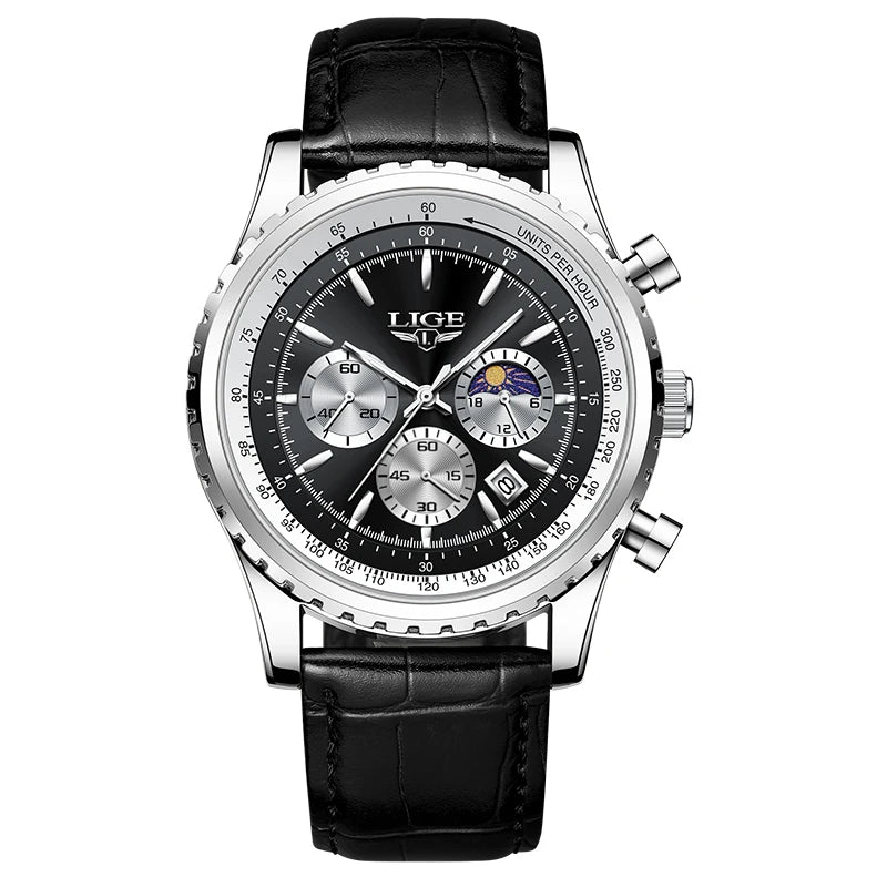 LIGE Luxury Men's Quartz Watch — Waterproof Leather Sport Chronograph