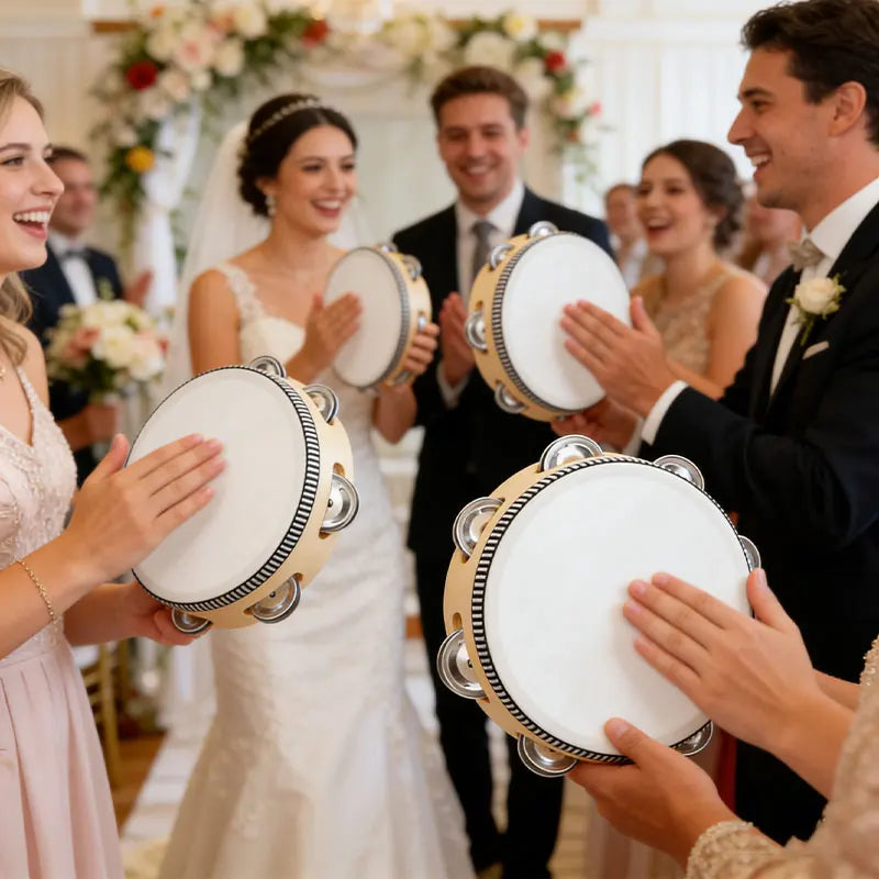 Wooden Hand Held Tambourine — Percussion Instrument with Metal Jingles