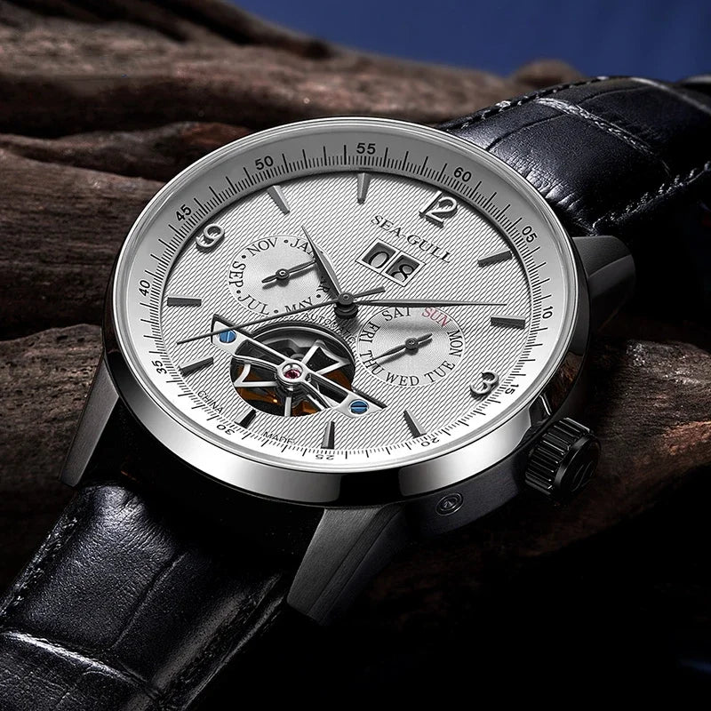 Sea-Gull Men's Automatic Skeleton Watch — Mechanical Flywheel & Calendar
