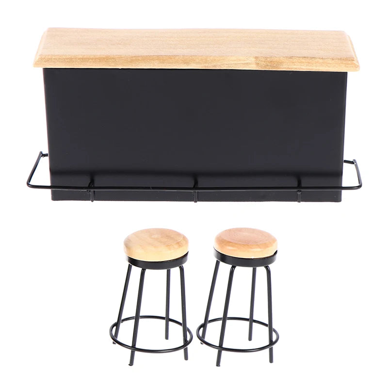 Miniature Bar Counter and Stool Set — 1:12 Scale Dollhouse Kitchen Furniture