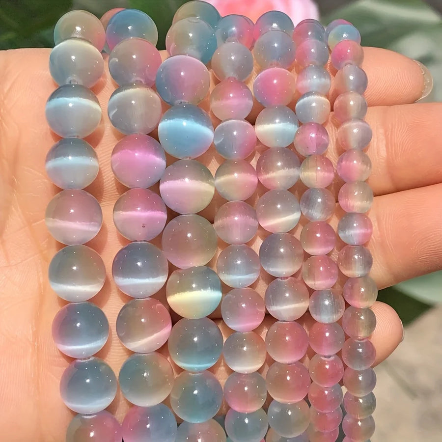 Natural Pastel Gradient Cat's Eye Stone Beads — 6mm Round Beads for Jewelry Making