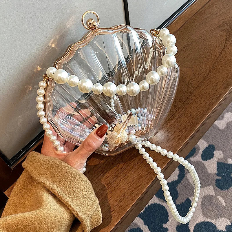 FENJING Transparent Shell Evening Bag — Pearl Chain Clutch & Crossbody Purse