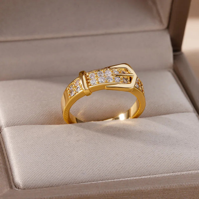 Obega Gold Buckle Ring — Sparkling Zircon Adjustable Fashion Jewelry