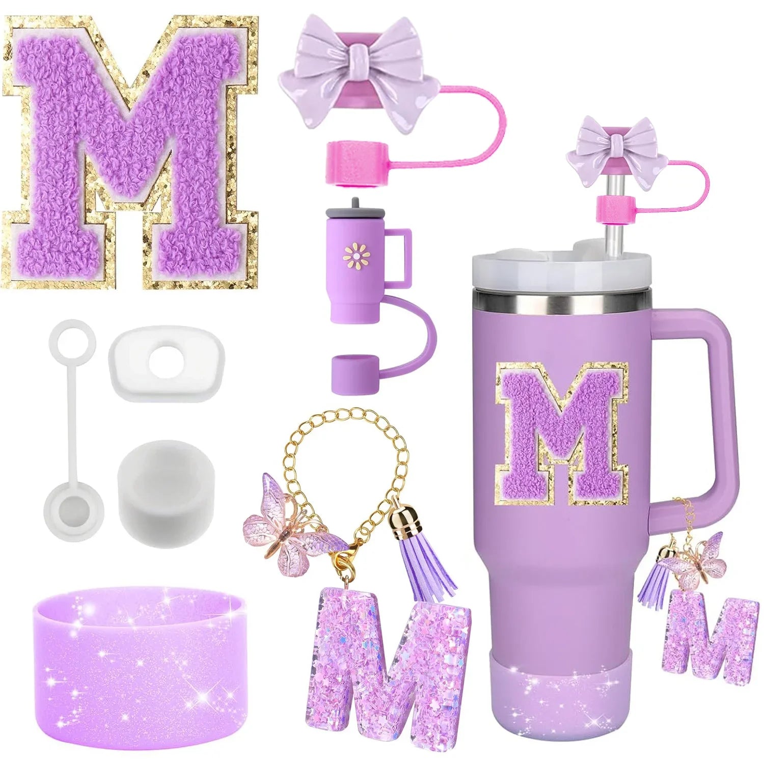 8-Piece Purple Tumbler Accessory Set — Silicone Straw Topper & Personalized Charms