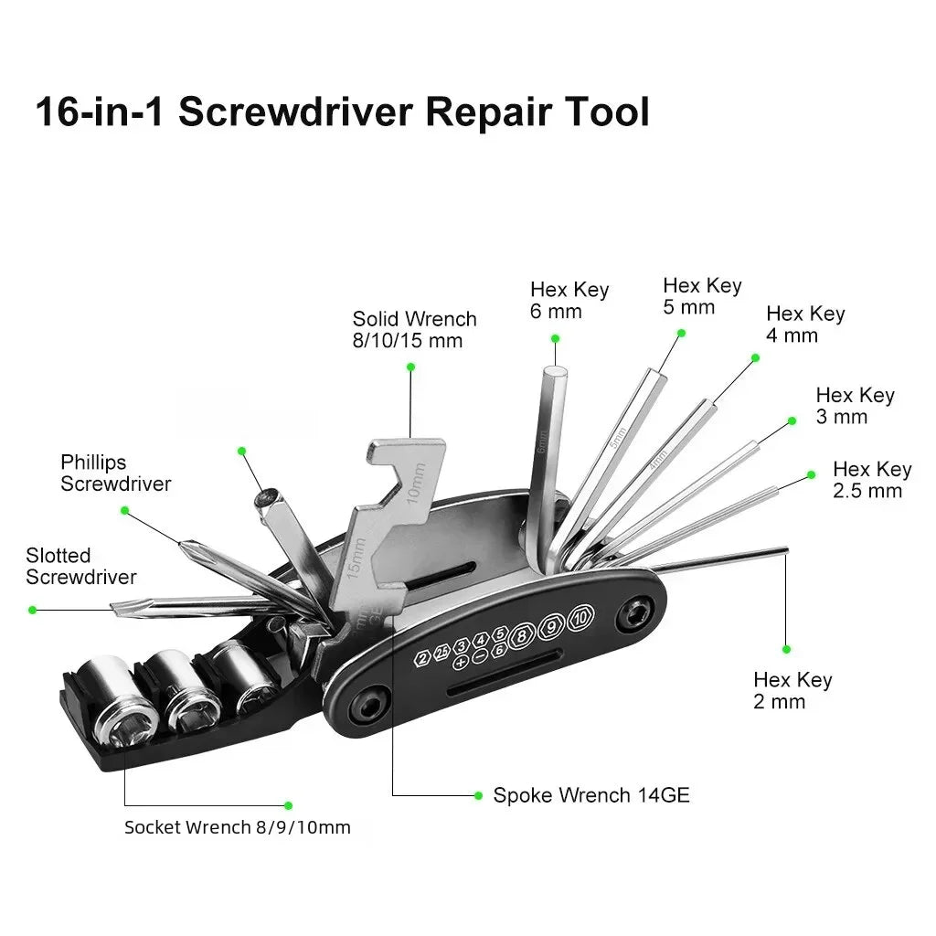 Bicycle Repair Tool Kit — Portable Multi-Tool Set with Tire Patch Pump