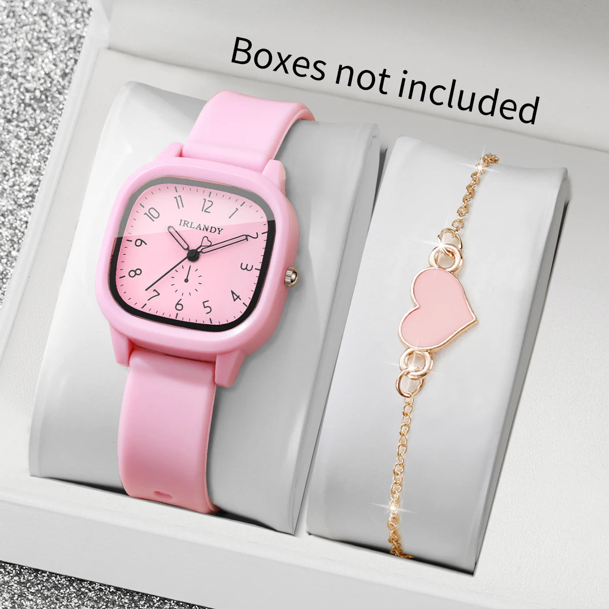 Women's Quartz Watch and Heart Bracelet Set — Square Dial with Silicone Strap
