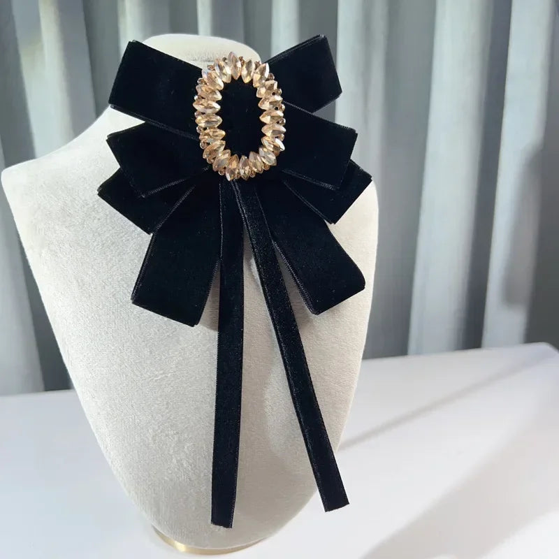 i-Remiel Velvet Bow Tie Brooch — Rhinestone Crystal Flower Pin