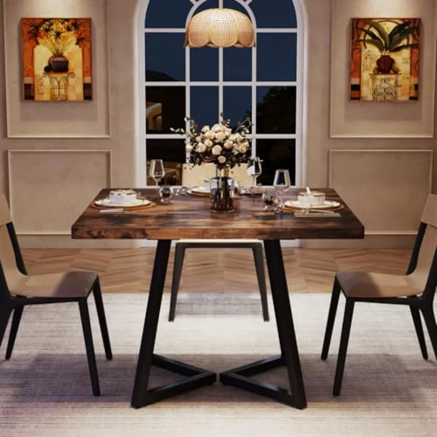 Square Dining Table — Industrial Metal Base & Wood Design, Small Space Solution