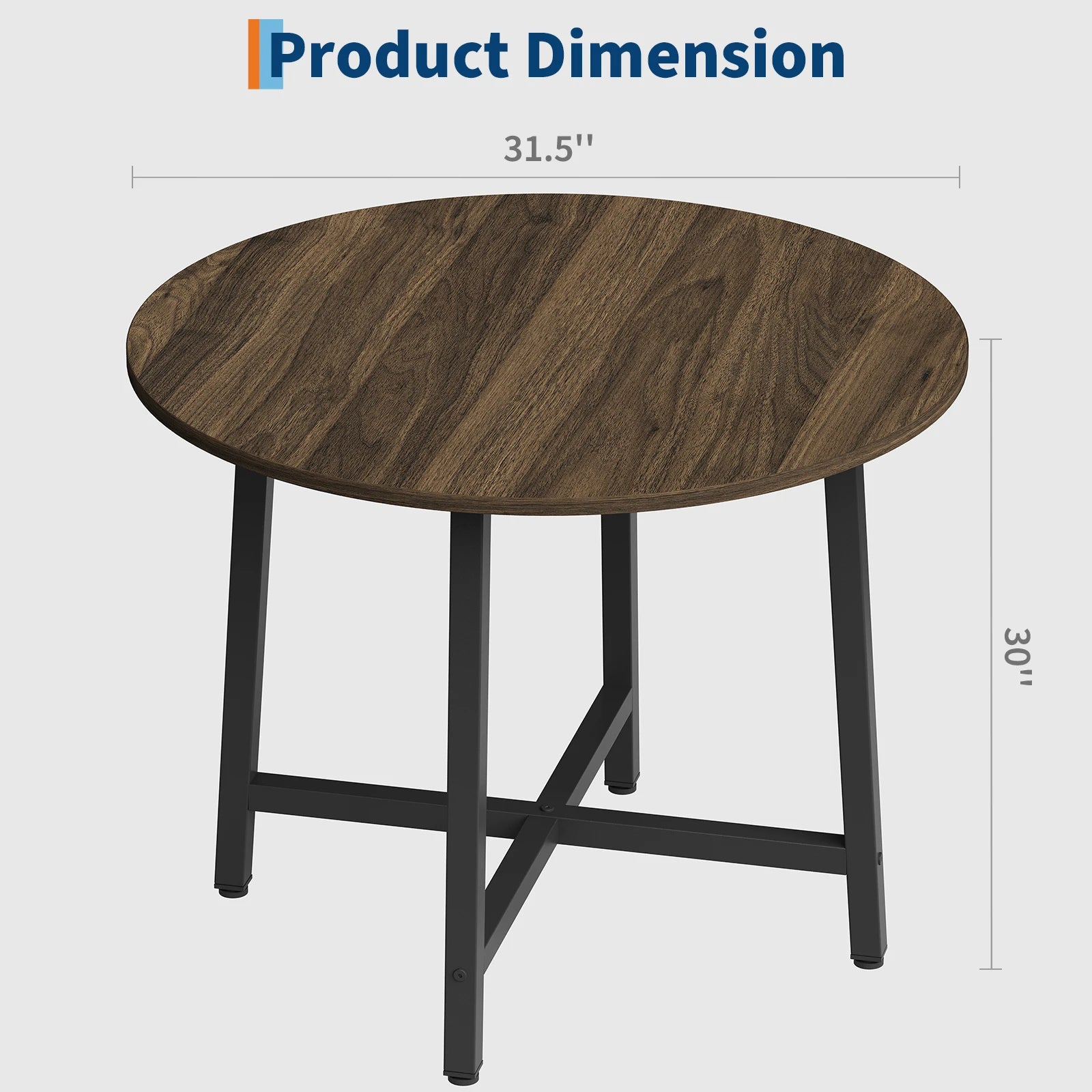 Round Dining Table — Industrial Farmhouse Wood Kitchen Table, Black Walnut Brown