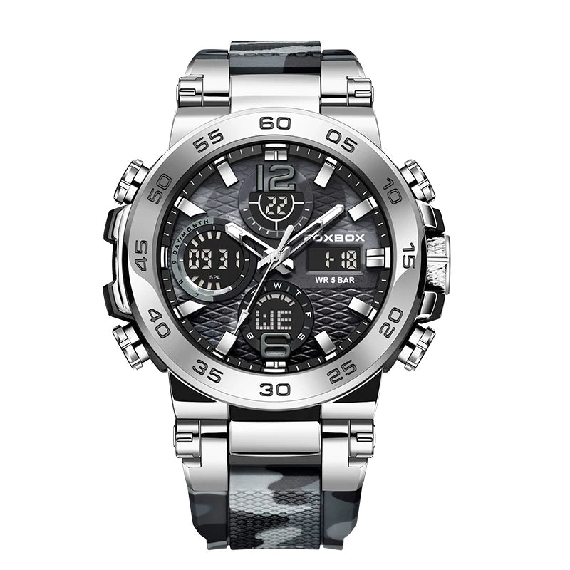 foxbox Men's Military Sports Watch — Waterproof Dual Display Quartz Timepiece
