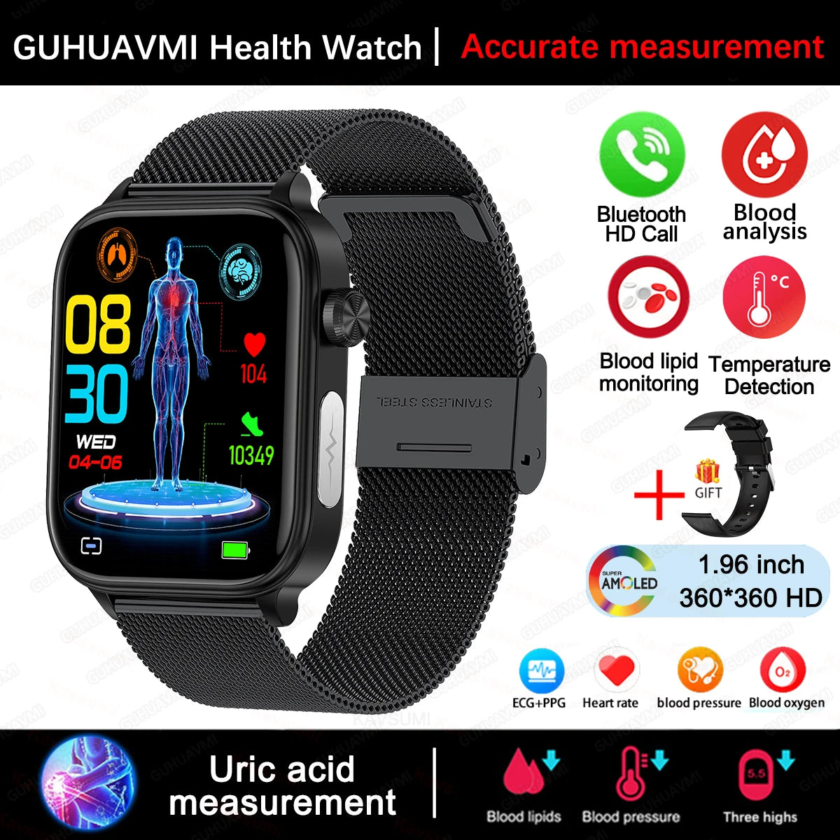 GUHUAVMI Health Smartwatch — Advanced ECG, Blood Pressure & Oxygen Monitor