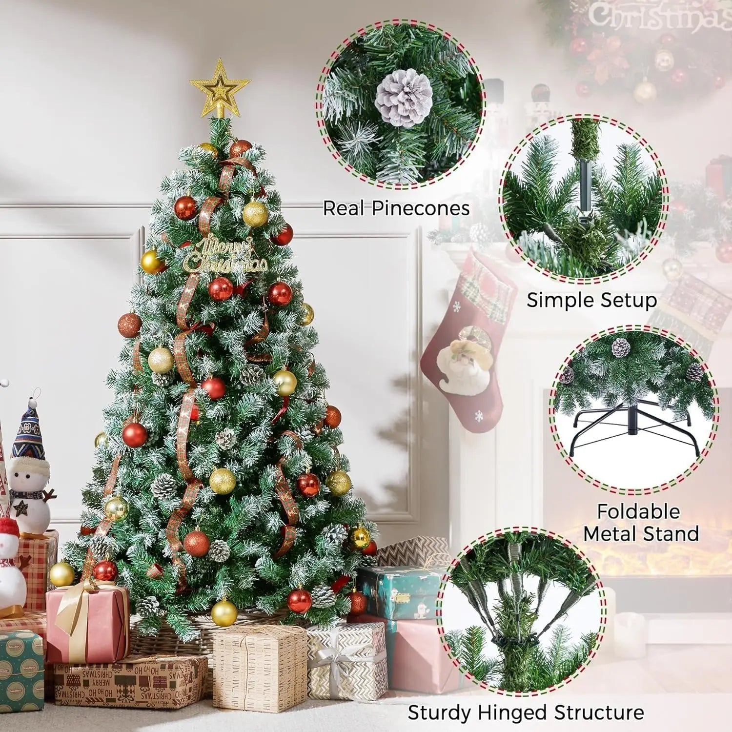 Snow Flocked Artificial Christmas Tree — Pre-Lit Slim Design with Pine Cones