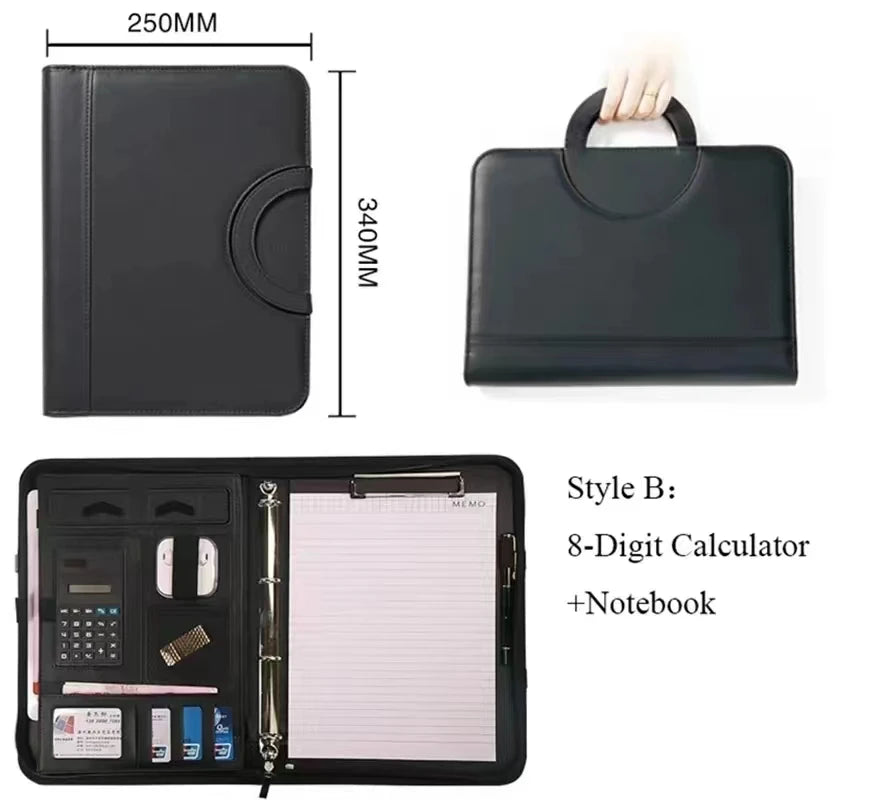 PU Leather A4 Conference File Pad — Professional Zippered Binder & Briefcase