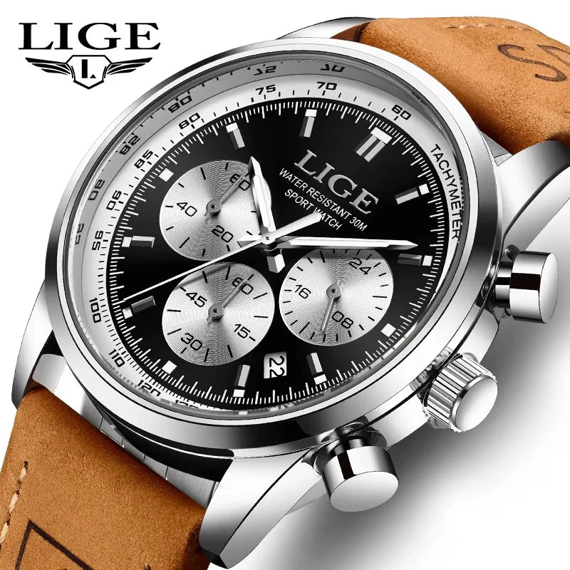 LIGE Men's Business Quartz Watch — Genuine Leather Chronograph Wristwatch