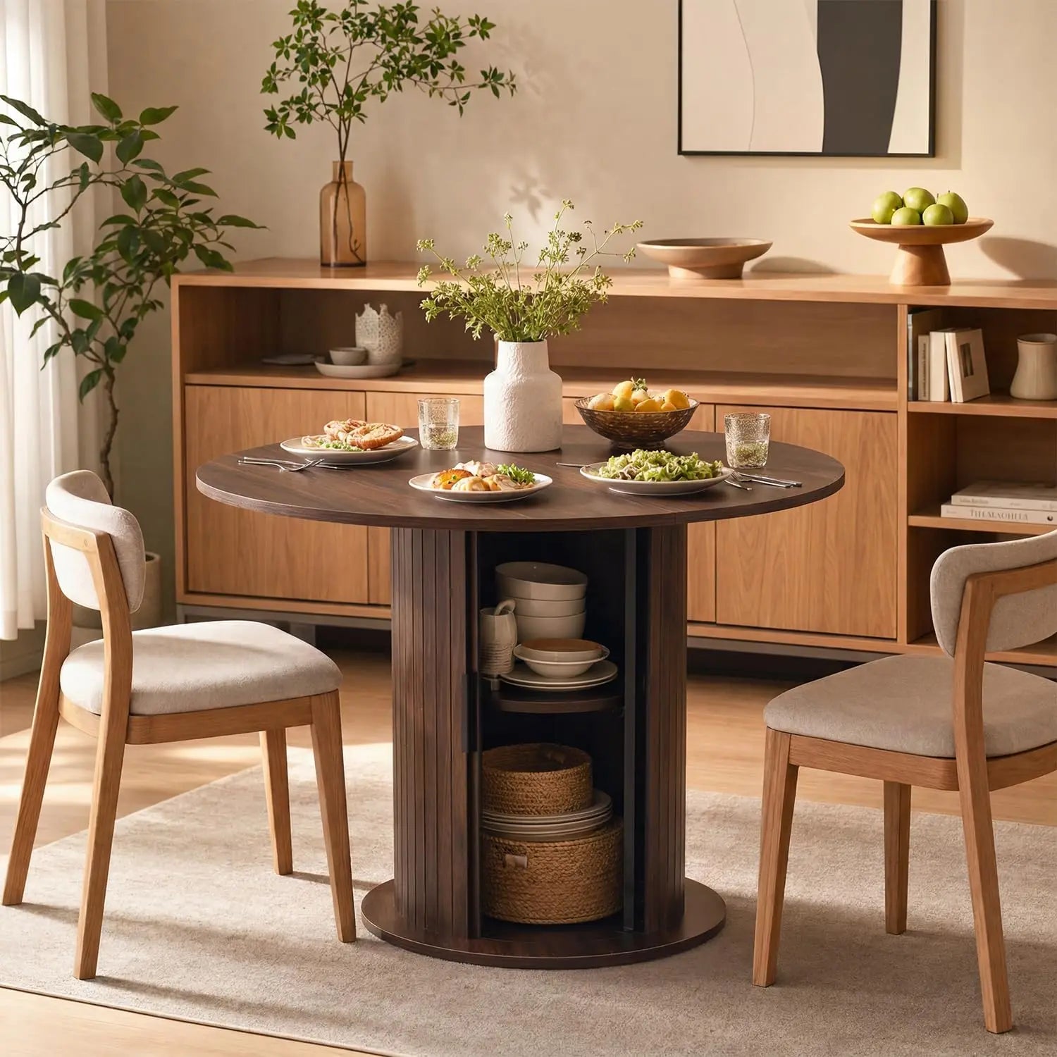 HiMISS Round Dining Table — Space-Saving Kitchen Table with Center Storage