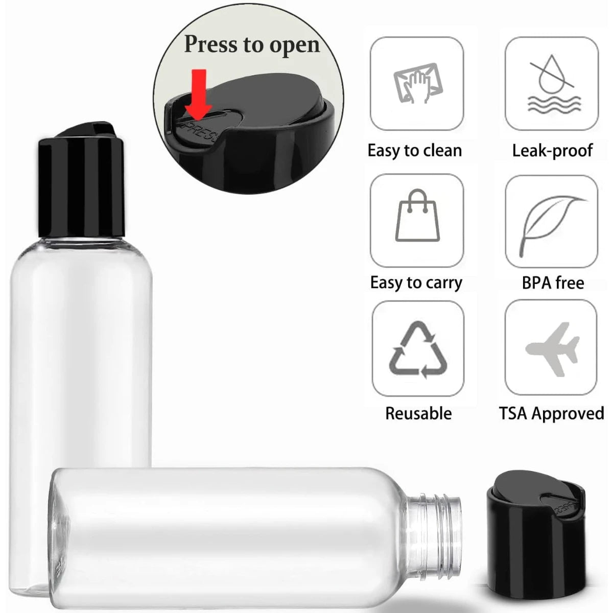 Refillable Travel Toiletries Bottles — Leakproof 100ml Containers with Labels