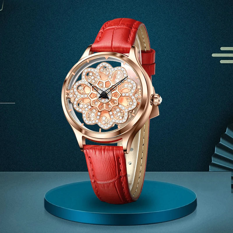 LIGE Luxury Rotating Quartz Watch — Sparkling Crystal Women's Fashion Accessory