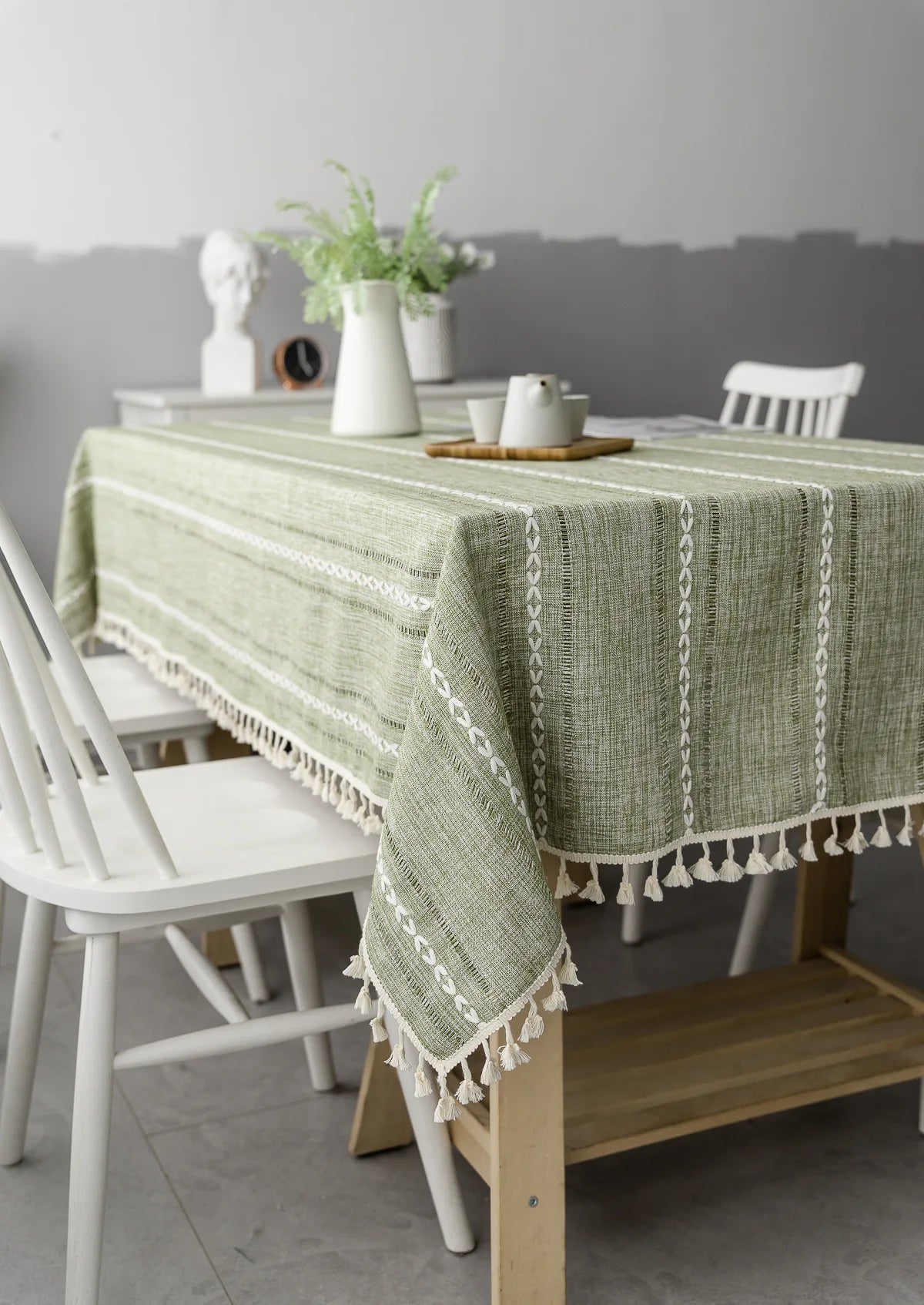 Cotton Linen Stripe Tassel Tablecloth — Stain Resistant Dining Decor
