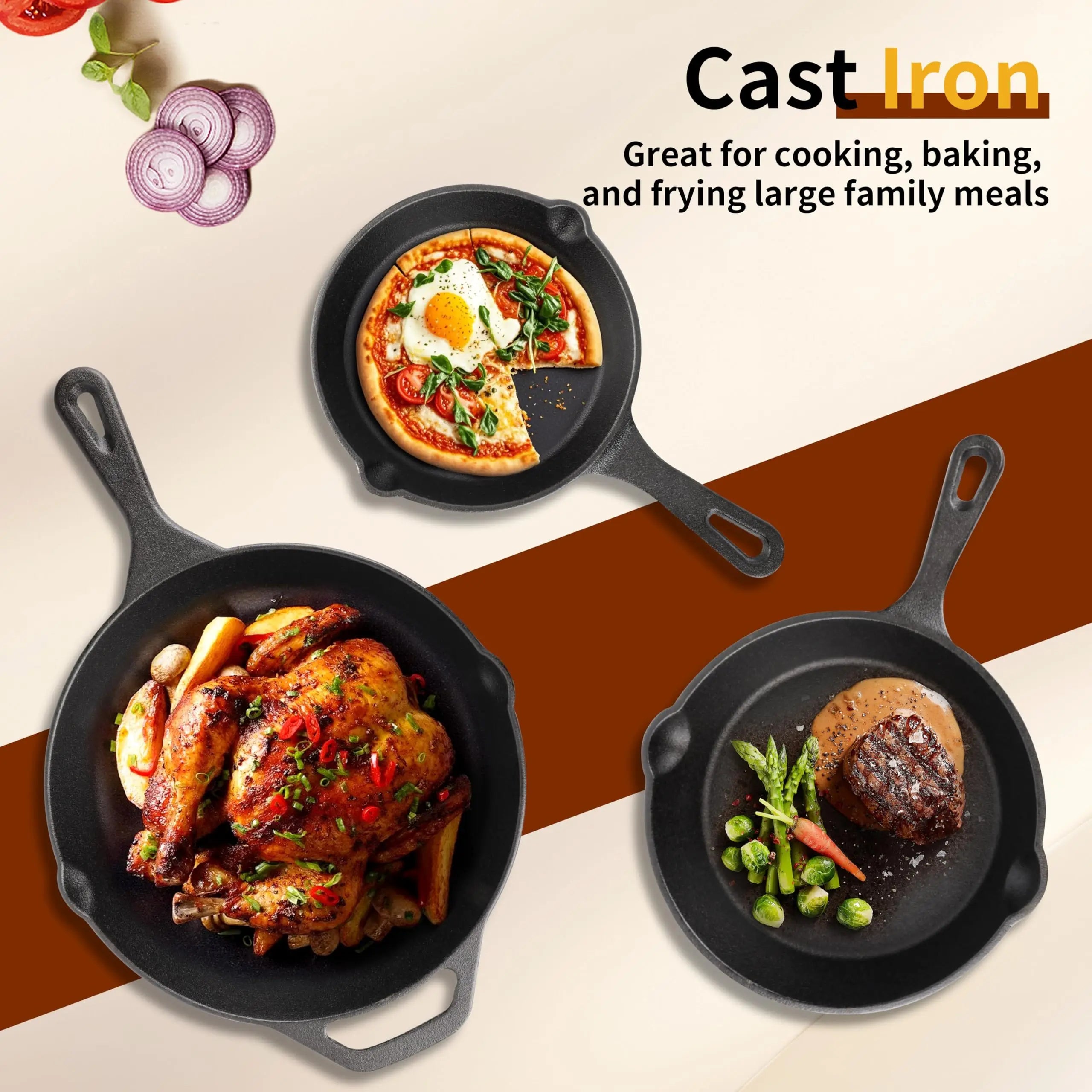 NOVELTY MOON Cast Iron Skillet Set — 3-Piece Pre-Seasoned Cookware