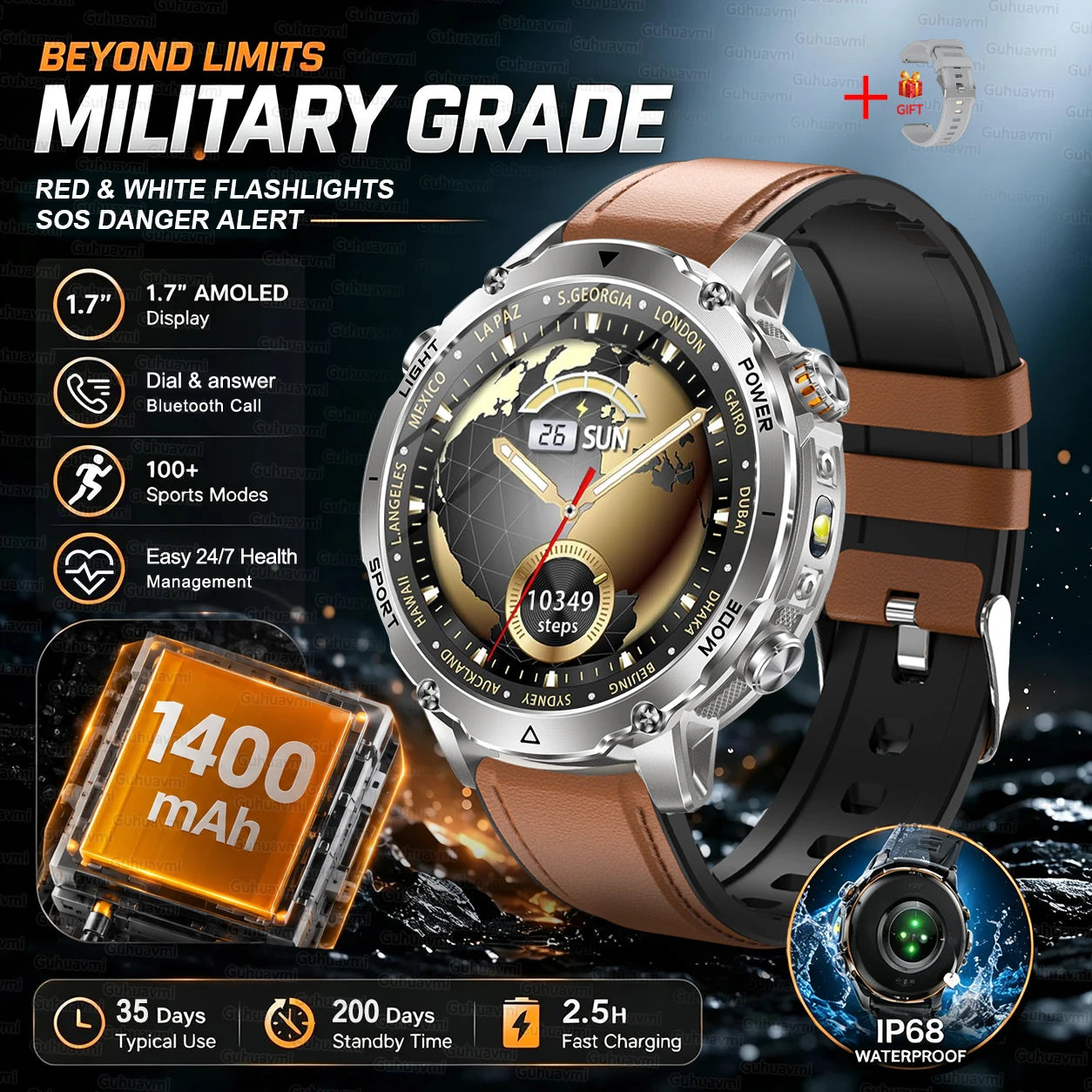 GUHUAVMI Military Smartwatch — 1400mAh Battery with GPS & Flashlight