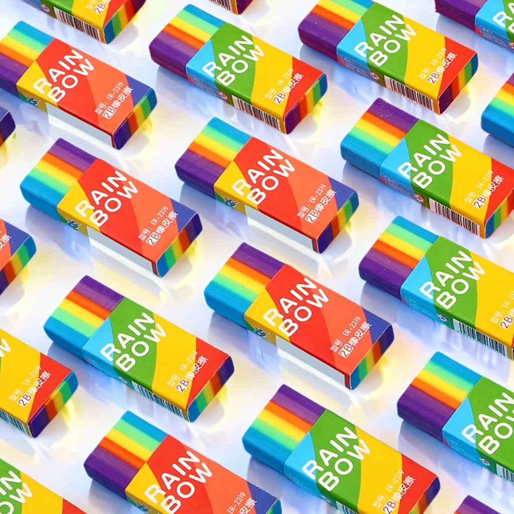 Rainbow 2B Pencil Erasers — Soft PVC Stationery for Writing & Drawing