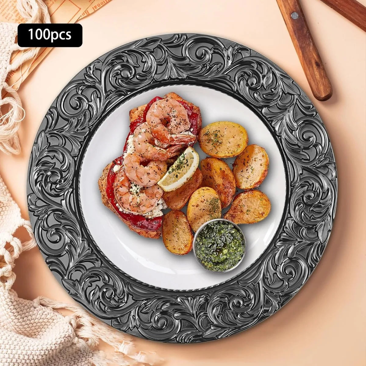 Bymaocar 100Pcs Charger Plate Set — Elegant Floral Embossed Serving Plates