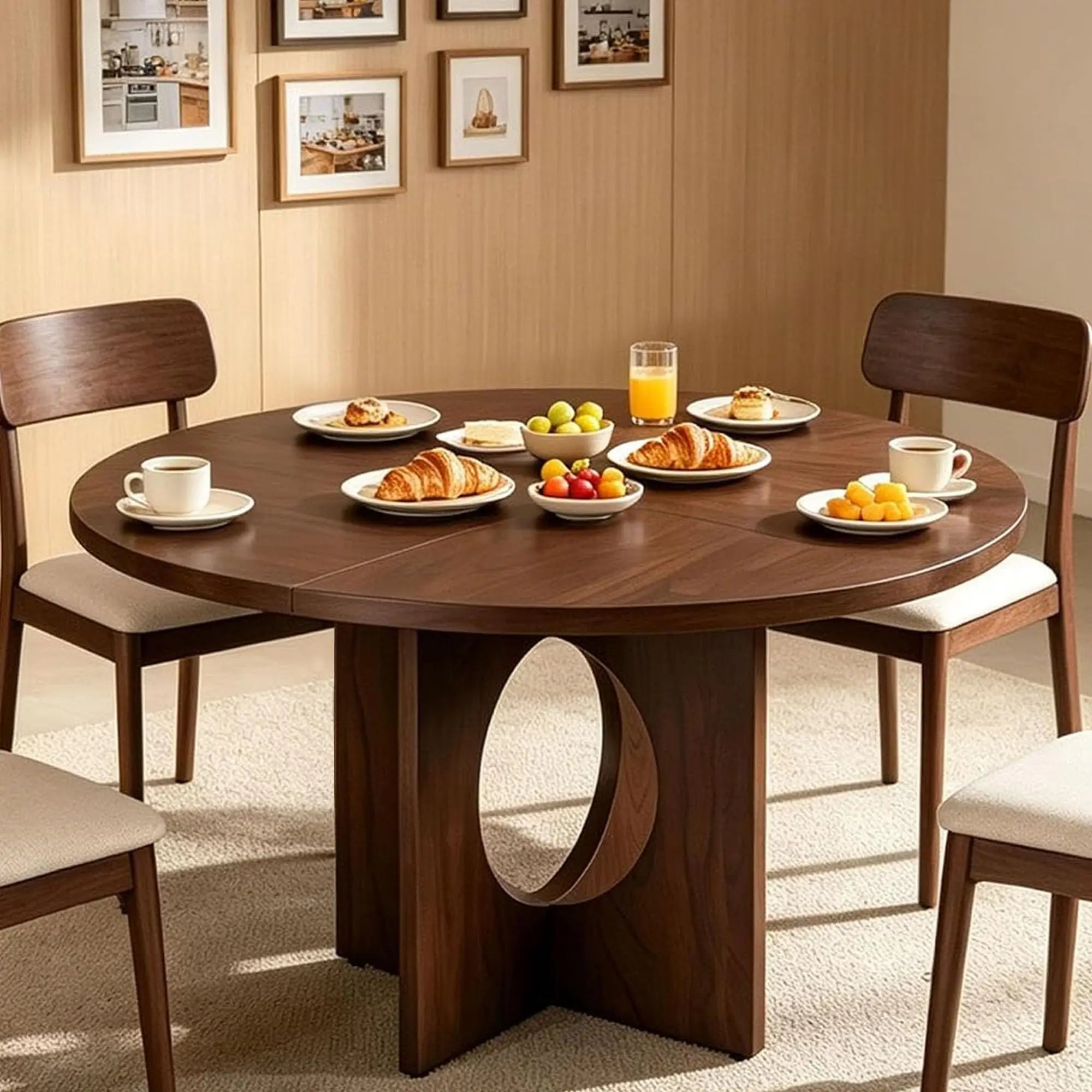 Round Wood Dining Table — 47-Inch Farmhouse Pedestal Table for 4-6 People