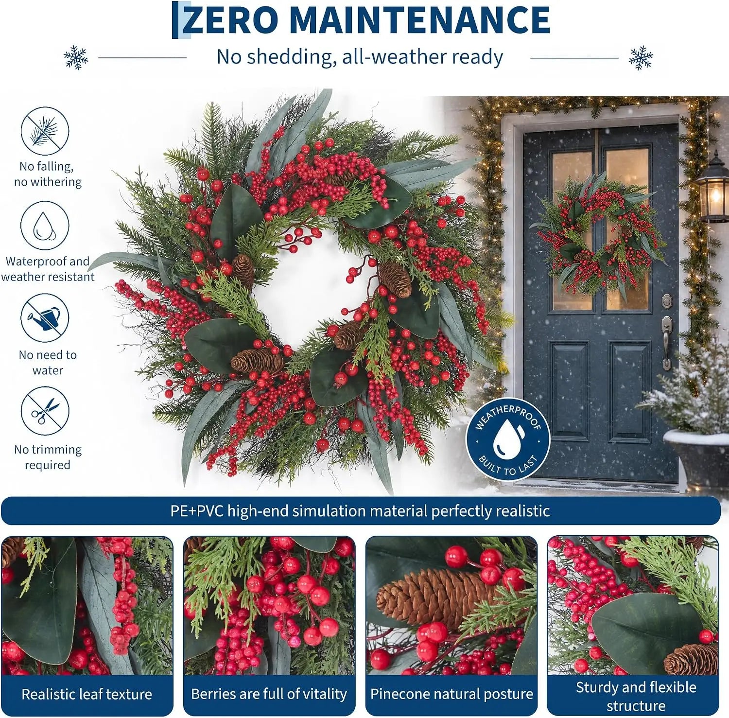 Artificial Christmas Wreath with Pine & Red Berries — Faux Greenery Holiday Decor