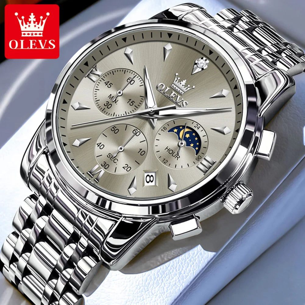 OLEVS 3639 Luxury Quartz Watch — Stainless Steel Moon Phase Men's Timepiece