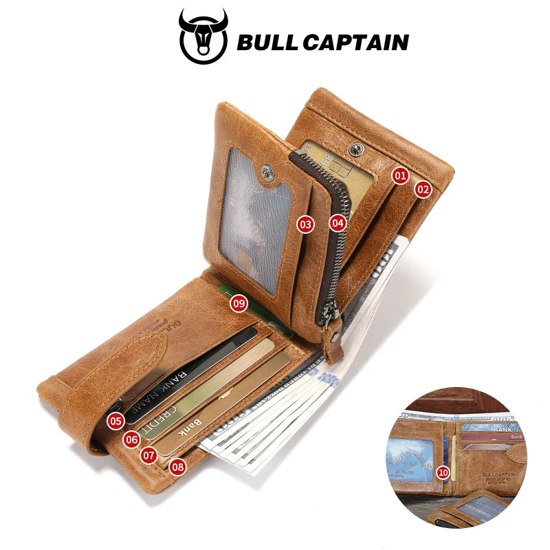 BULLCAPTAIN Genuine Leather Wallet — RFID Blocking Men's Short Bifold