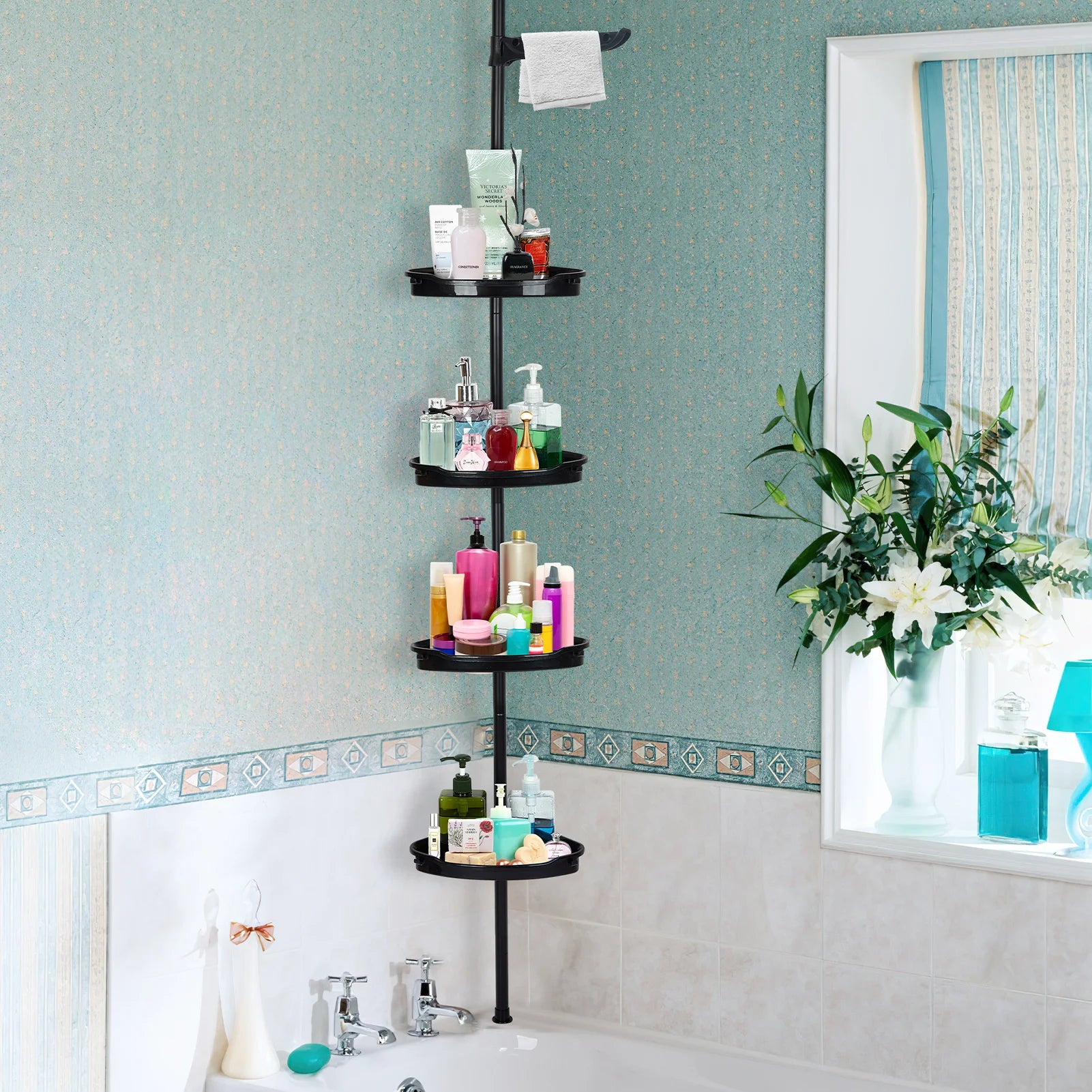 HiMISS Corner Shower Caddy — 4-Tier Adjustable Tension Pole Organizer